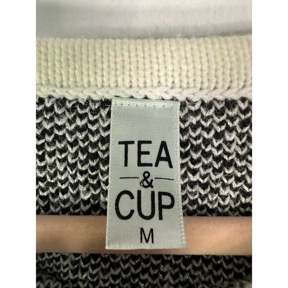 TEA & CUP Black White Silver Metallic Thread Nordic Fair Isle Pattern Sweater M - Picture 2 of 4